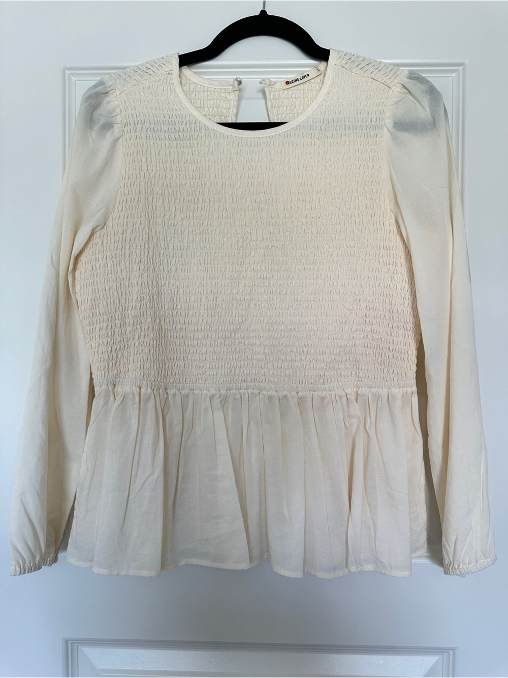 Marine Layer Cream Smocked Peplum Long Sleeve Top